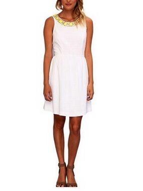 Kensie | White Fit & Flare Midi Dress Yellow & Silver Stone Gem Neckline